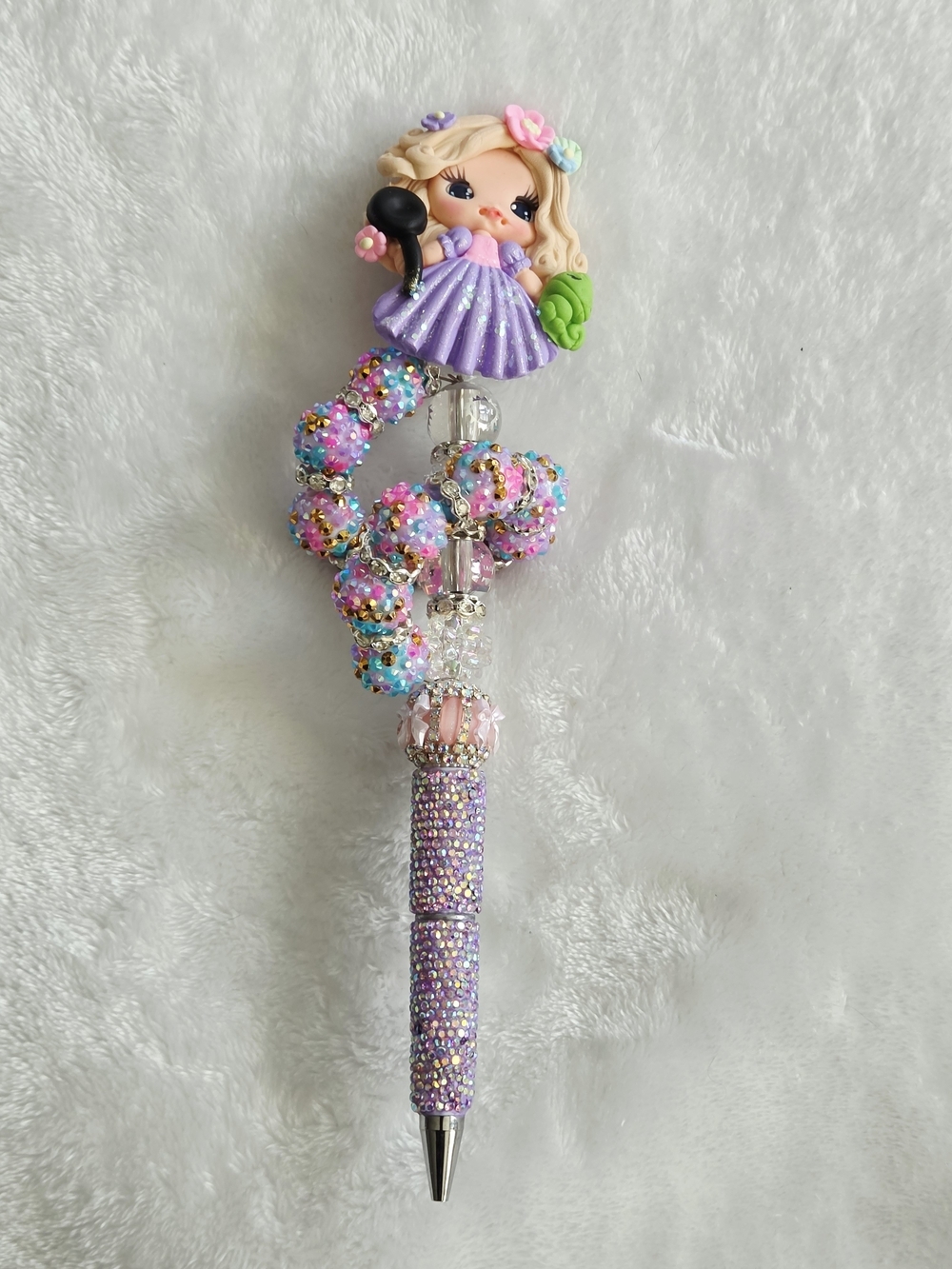Sparkling Purple Rhinestone Clay Doll Charm Ballpoint Pen Princess Pen
